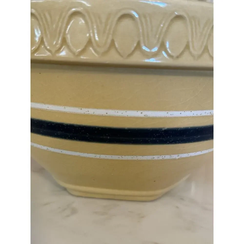 Estate Over and Back 9” Yellow Ware Mixing Bowl with Blue and Pink Stripes